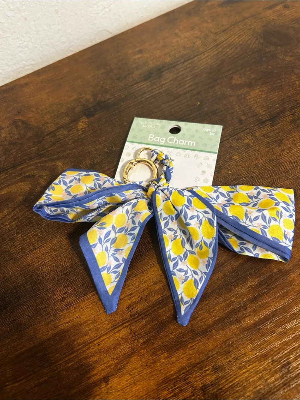 Lemon Print Bow Bag Charm Keychain with Blue Trim